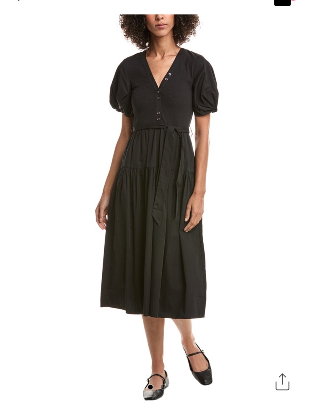 10 Crosby Derek Lam Black Puff-Sleeve Midi Dress with Waist Tie NWOT